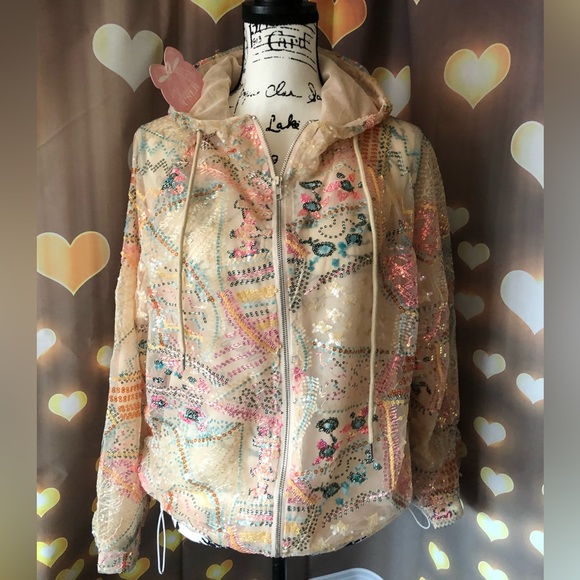 🌸HP🛼 Sequin jacket bomber womens hoodie top zip up rainbow - Picture 11 of 11